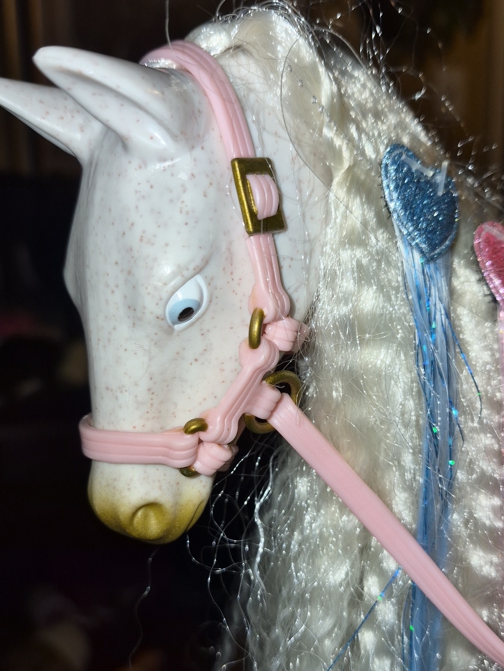 White Speckled Toy Horse with Pink Saddle and Gold Hooves